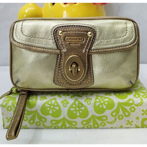 Coach Metallic Gold Leather Limited Ed Turnlock Zip Around Jewelry Case - Wallet